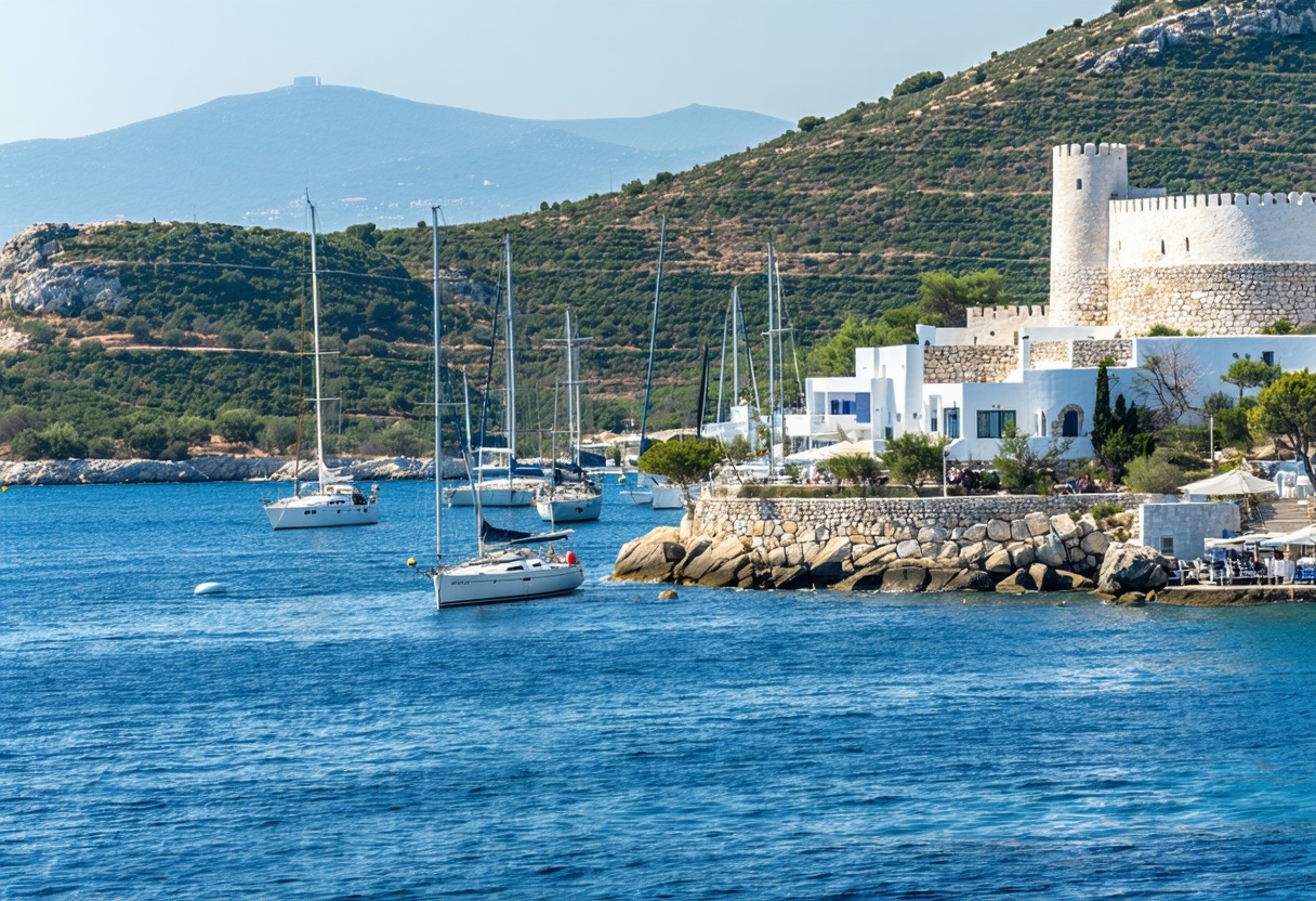 Bodrum coastline with ancient castle on promontory and Aegean sea